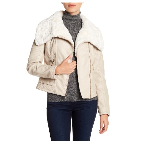 guess leather jacket with faux fur collar